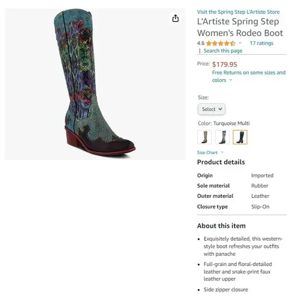L'Artiste Spring Step Rodeo Women 5 Turquoise Leather Snake Zipper Western Boots - Picture 5 of 16